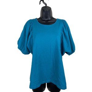 Jack & Avery Top Womens Size Large L Short Sleeve Solid Blue Ties in Back Cotton